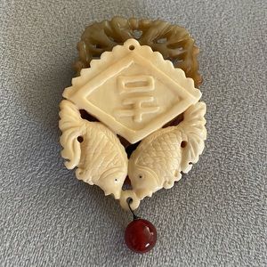 Chinese vintage carved bone with amber Jade!  pin/brooch 2 1/2”